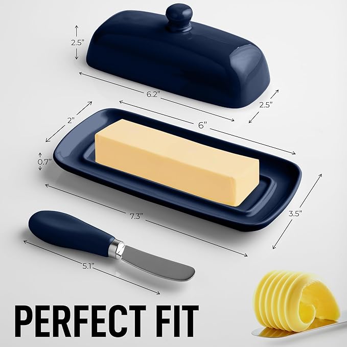Zulay Butter Dish With Lid For Countertop - Porcelain Blue, Ceramic Butter Dish with Knob Handle Great for Cooking - Elegant Design Butter Holder - Durable & Sturdy Butter Keeper - Dark Blue