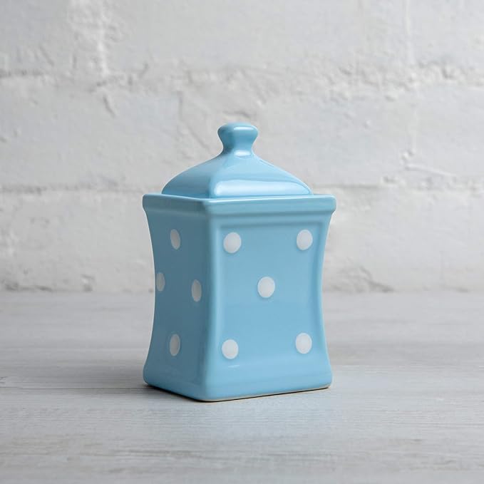 City to Cottage Handmade Small 5.3oz/150ml Ceramic Kitchen Herb, Spice, Storage Jar with Lid, Pottery Canister, Housewarming Gift (Baby Blue Polka Dot)