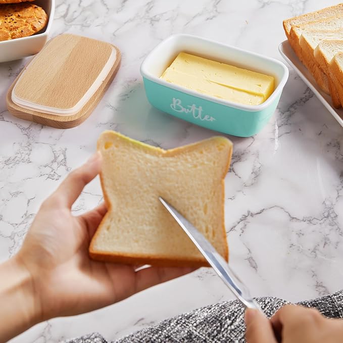 ALELION Turquoise Ceramic Butter Dish with Lid - Turquoise Kitchen Decor & Teal Kitchen Accessories for Countertop - Butter Keeper Container with Thick Beech Wood Lid - Cute Modern Farmhouse Decor