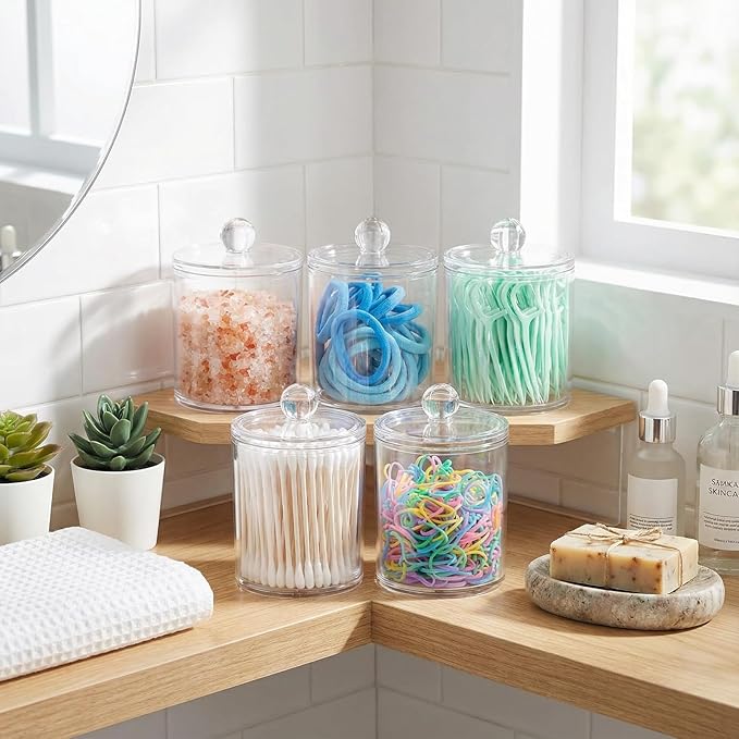 SheeChung 4-Pack Clear Acrylic Apothecary Jars with Labels - (2) 10oz & (2) 12oz Qtip Holder Set - Shatterproof Bathroom Vanity Organizer for Cotton Swabs, Balls, Pads - Minimalist Decor