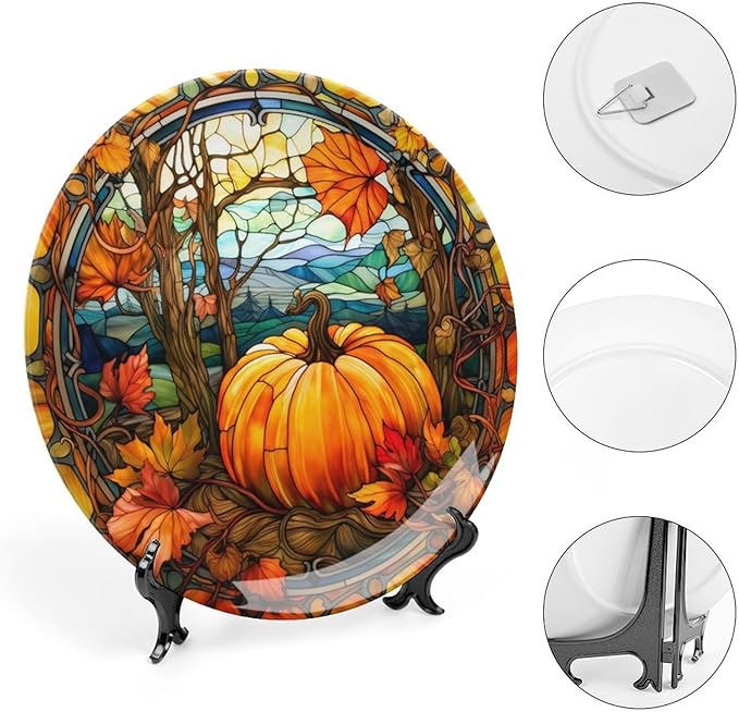 Decorative Plates, Fall Pumpkin Watercolour Stained Glass Design Ceramic Dinner Plate Home Wobble-Plate with Display Stand, Wall Hanging Decor for Kitchen Household 8 Inch, Gifts for Thanksgiving