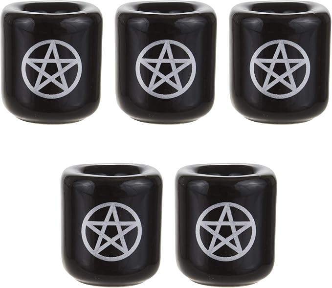 Mega Candles 5 pcs Ceramic Silver Pentacle Chime Ritual Spell Candle Holder - Black
