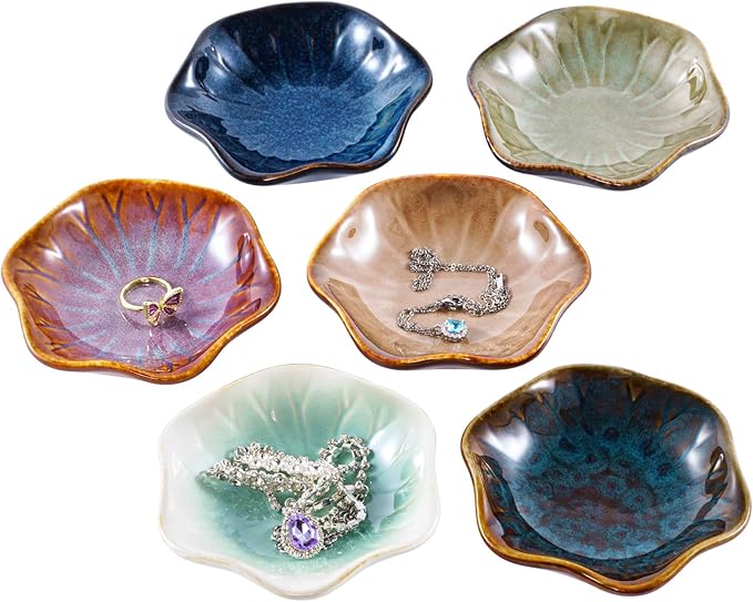 Vintage-Inspired Ceramic Jewelry Dish – Handcrafted Floral Trinket Trays in Luxe Glazed Porcelain | Antique-Style Ring Holders for Vanity & Dresser Décor (1, Kiln transformed lotus, retro green)