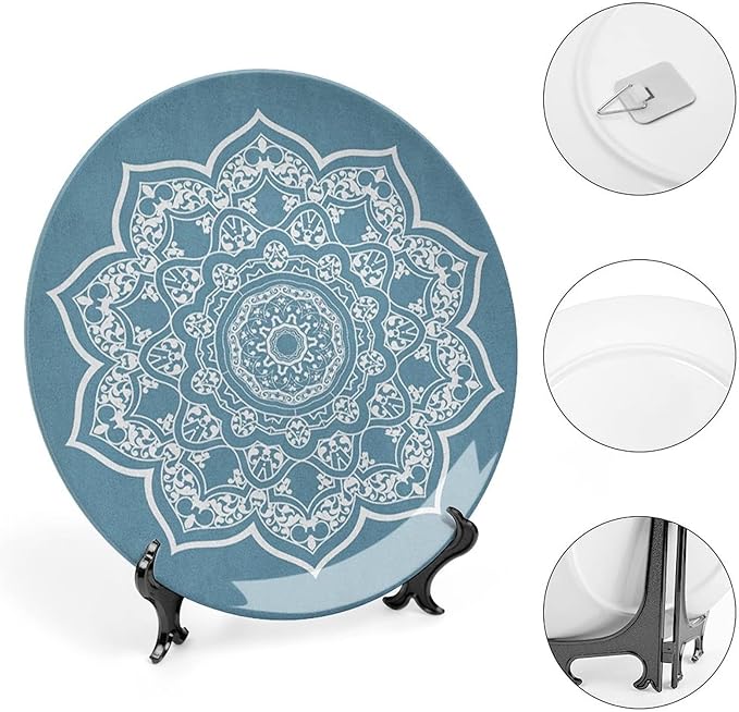 XISUNYA 10 Inch Decorative Plate, Lotus Ceramic Stoneware, Cultural Universe Symbol Floral Mandala with Lace Boho Print Ceramic Wall Hanging for Home & Office Wall Hanging Decor, Slate Blue White