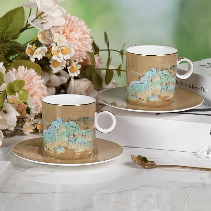 KAMMAK Tea Cups and Saucers Set of 2, Fine Bone China Coffee Cups, Stackable Espresso Mugs, Ceramic Demitasse for Coffee, Cappuccino, Latte, Americano, Tea, Small - River and Mountains