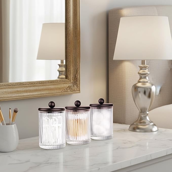 SheeChung 4-Pack Bronze Ribbed Glass Qtip Holder - Apothecary Jars Bathroom Organizer Set with Lids - Vanity Storage Canisters for Cotton Balls, Pads, Swabs, Floss Picks - Modern Farmhouse