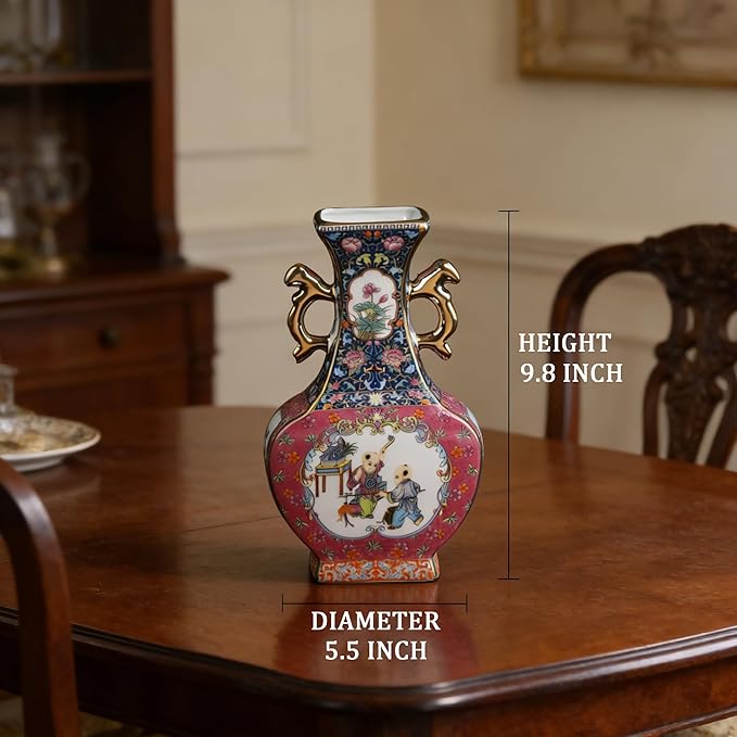 Antique Ceramic Vase - 9.8 Inch Enamel Porcelain Vase with Gold Trim, Chinese Purple Red Double-Handled Flat Ornament for Home Decor, Housewarming Gift, Collector's Art Piece