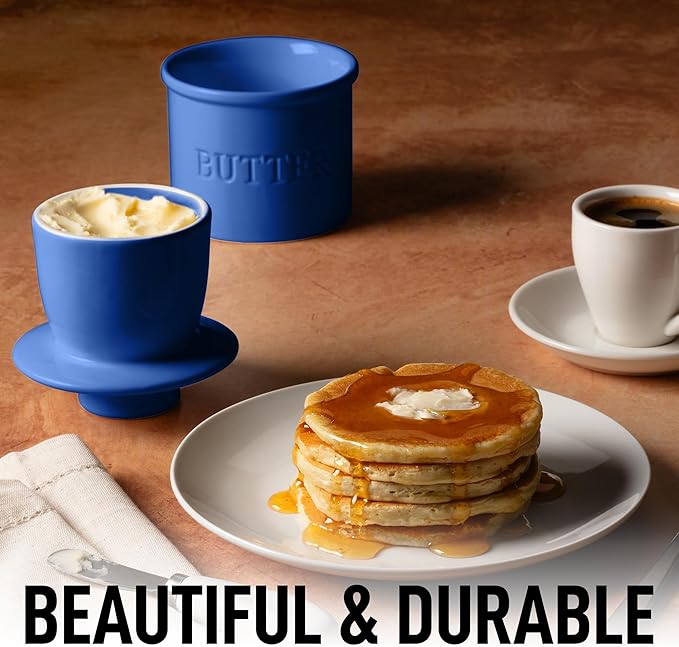 Zulay Kitchen Bell Shaped Butter Crock with Lid for Countertop with Water Line & Spreader Knife, Ceramic French Butter Dish Keeper For Fresh, Soft & Spreadable Butter - Blue