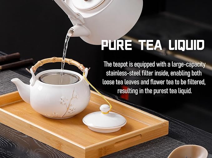 Japanese Tea Set, White Porcelain tea set with 1 Teapot(23 oz/660ml), 6 Tea cups(5.3 oz/150ml), 1 Tea Tray, Golden plum blossom relief, Asian tea sets for adults (Golden plum-White)