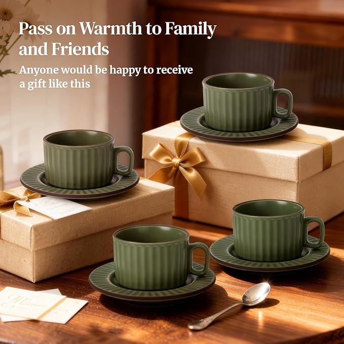 DOWAN Cappuccino Cup Set of 4, 8 OZ Ceramic Coffee Cups with Saucers, Coffee Mugs, Ribbed Espresso & Latte Cups Set, Elegant Stoneware for Home & Café Use