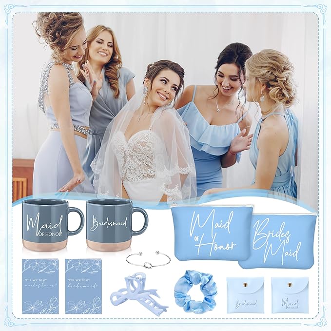 42 Pcs 6 Sets Wedding Favors Bridesmaid Proposal Gifts Maid of Honor Ceramic Coffee Cups Cosmetic Makeup Bags Invited Cards Scrunchies Knotted Bracelets Jewelry Bags Hair Claw Clips(Blue)
