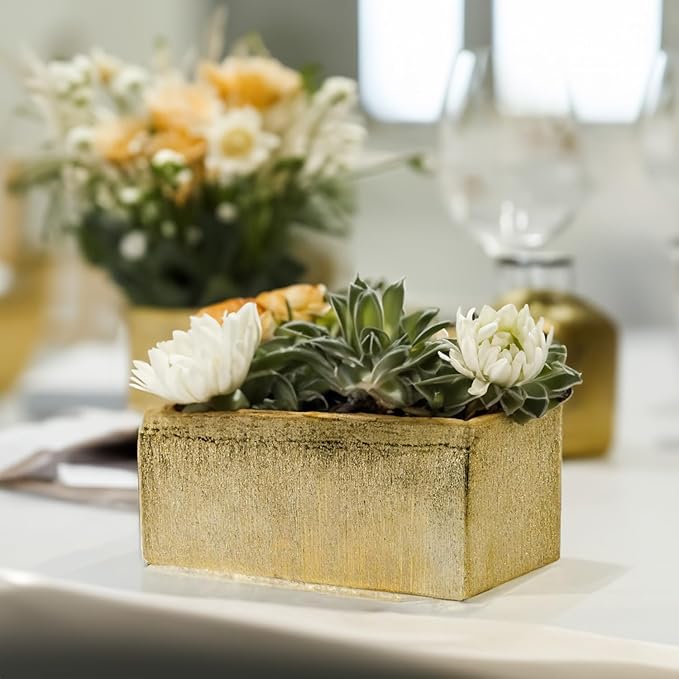 WGVI Long Rectangle Ceramic Planter Vase in Gold Etched 12" x 4" x 4"H, Block Rectangular Terrarium Box Pot, Flower Arrangement, Table top Centerpiece, Home Decor Storage Container, 1 Pc.