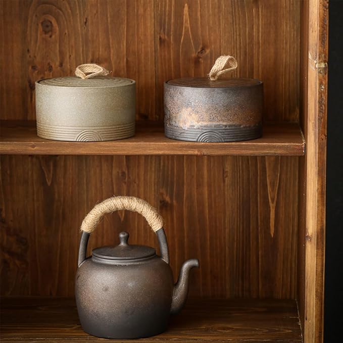 Retro ceramic storage jar - multifunctional jar for tea, coffee, and sugar - decorated kitchen container with lid (B)