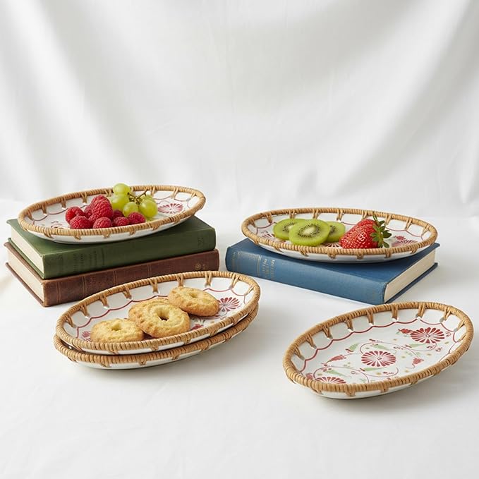 Mini Rattan Ceramic Tray, Oval Fruit/Bread/Cookie/Jewelry Small Storage Porcelain Serving Plate, Vintage Decorative Display Plate for Coffee Table Home Decor Wedding Party Gift (Red Flower)