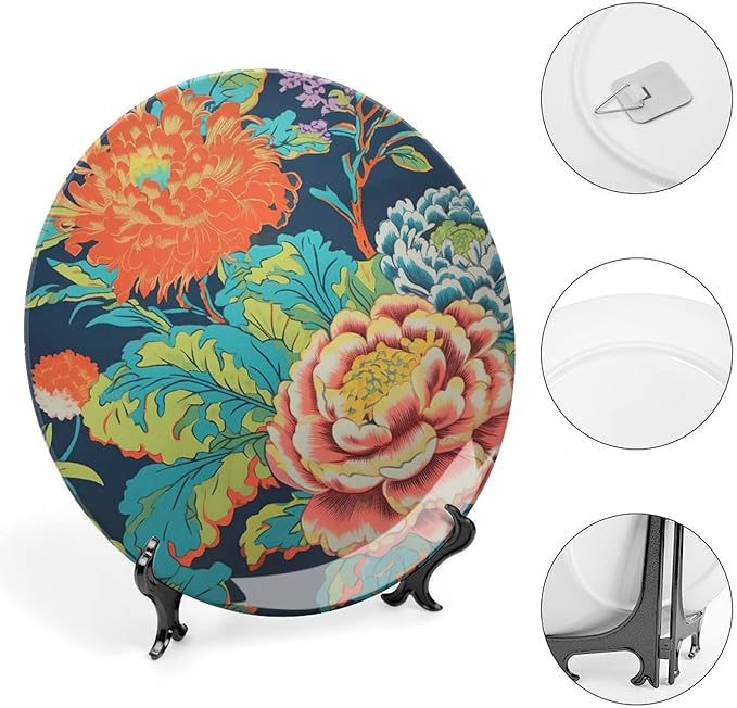 Chinoiserie Peony Floral Decorative Plate for Display Beautiful Exotic Chinoiserie Office Home Supplies Household Kitchen Holiday Party Decorations Customize Gifts for Men Women Birthday