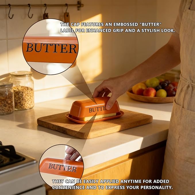 BPA-Free Melamine Butter Dish with Lid & Stainless Steel Knife - Farmhouse Butter Keeper for Countertop & Refrigerator, Dishwasher Safe, Holds 1 Stick with East & West Coast Butter-Orange