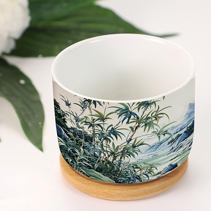 Blue Green and White Asian Scenery Small Ceramics Plant Pot Set of 5 Green Bamboo and Flower Ceramics Pots for Plants with Drainage and Bamboo Tray Oriental Chinoiserie Houseplant Pot