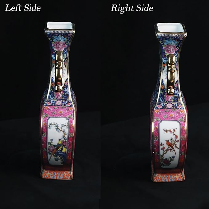Antique Ceramic Vase - 9.8 Inch Enamel Porcelain Vase with Gold Trim, Chinese Purple Red Double-Handled Flat Ornament for Home Decor, Housewarming Gift, Collector's Art Piece