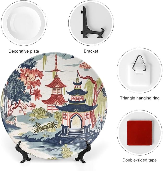 Chinoiserie Pagoda White Coral Blue Asian Decorative Plate of 6", 7", 9", 10", Customize Chinoiserie Decor Pagoda Bone China Decorative Plate, Festival Club Decorations Office, with Vertical Stand