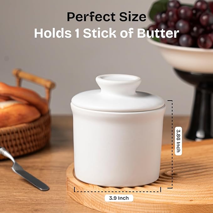 Stoneware Butter Crock with Lid, Ceramic Butter Dish with Water Line, Countertop Butter Keeper, Butter Holder for Countertop, White