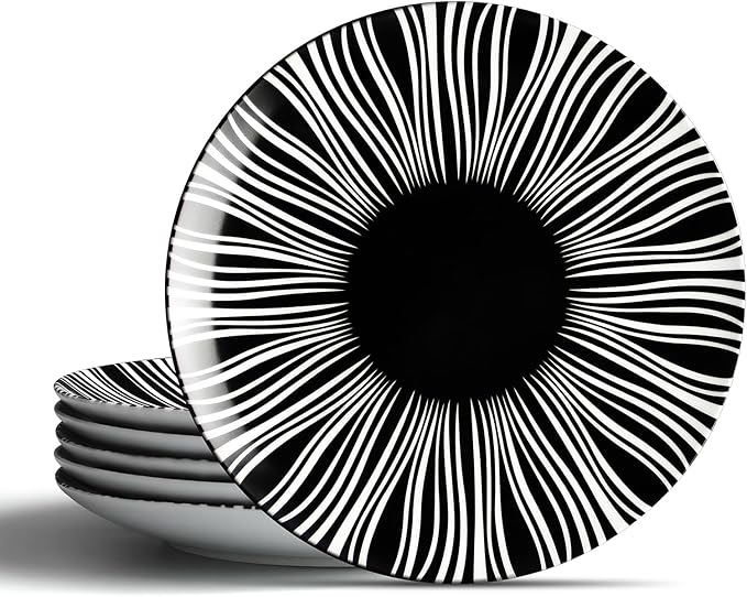 Ceramic Dinner Plates Set of 6-8 Inch Dessert Plates, Black and White Porcelain Dinner Plates Microwave, Oven & Dishwasher Safe, Minimalist Porcelain Dish Set