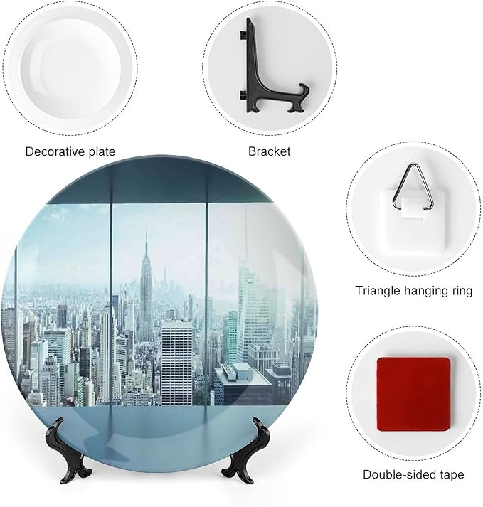 XISUNYA 8 Inch Decorative Plate, House Decor Ceramic Stoneware, View Modern City from Office New York Urban Life Theme Print Ceramic Wall Hanging for Home Office Party Dinner Table Decor