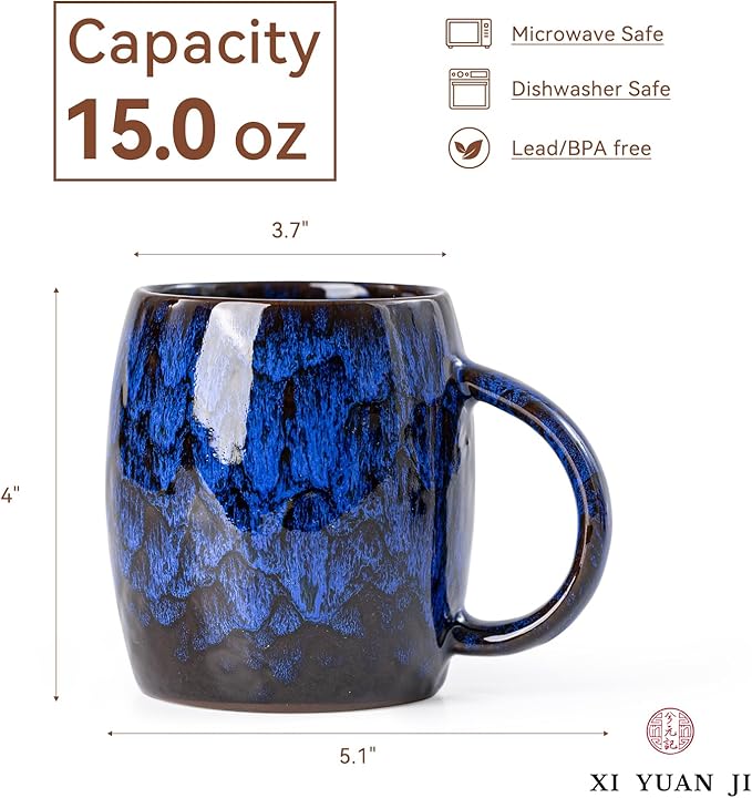 Midnight Blue Ceramic Coffee Mug 15oz - Handcrafted Artisan Mug with Large Comfortable Handle, Unique Design for Coffee Lovers, Dishwasher Safe