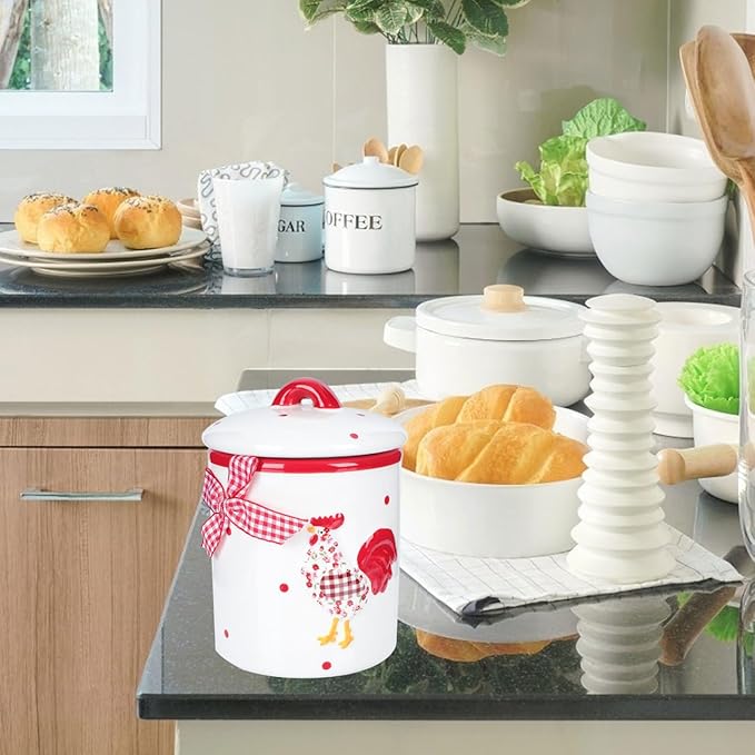 Angoily Ceramic Food Storage Jar Canister Red Flower Chicken Pattern Food Canisters with Lid Condiment Pot for Coffee Bean Cookies Loose Tea Spice Nuts Snacks Storage Jar