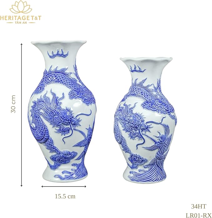 HERITAGE T&T Dragon Flower Ceramic Altar Vase Pair – Bat Trang Handmade Blue & White Vase Set – Buddhist Temple Flower Vase – Asian Home Decor – 1 Pair (2 Vases) -Blue & White Glaze, 30cm (11.8 in)