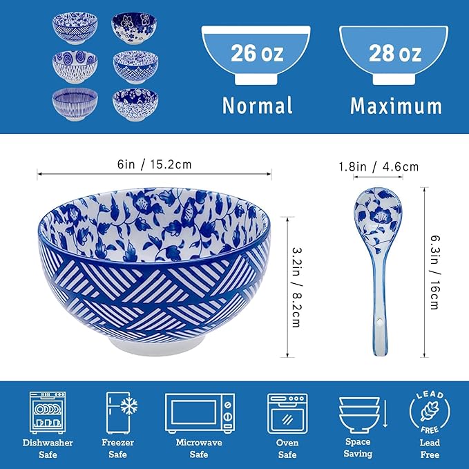 Japanese Ceramic Bowls Set of 6, 28 Oz Large Asian Porcelain Ramen Soup Salad Cereal Noodle Bowl with 6 Spoons, Deep Bowl for Kitchen Decor and Housewarming Gift, Dishwasher & Microwave Safe