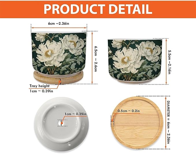 1 Piece Ceramics Planter Egg Green and White Floral Small Planters for Succulents White Chinoiserie Flower Planter for Succulents Chinoiserie Plant Pot with Drainage and Bamboo Tray