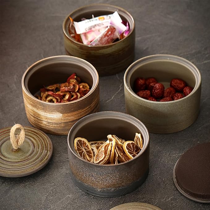 Retro ceramic storage jar - multifunctional jar for tea, coffee, and sugar - decorated kitchen container with lid (C)