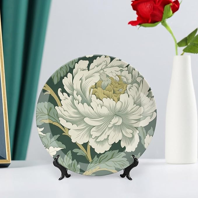 Green And White Chinoiserie Floral China Plates of 6", 7", 9", 10", Personalized Ceramic Dinner Plate, Housewarming Gifts Wall Decorations Household, with Display Stand And Hook Up
