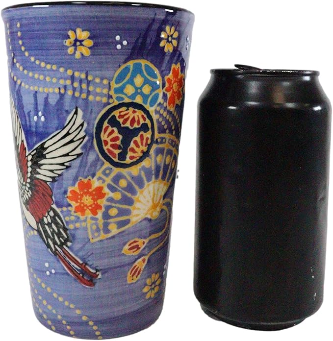Ebros Oriental Japanese Design Double Walled Porcelain Ceramic Tall Hot Or Cold Drink Travel Mug Cup 12oz With Straw Or Sip Holed Cover Lid (Purple Japanese Crane With Oriental Fans)