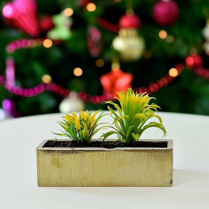 WGVI Long Rectangle Ceramic Planter Vase in Gold Etched 14" x 4" x 4"H, Rectangular Box Block Terrarium Pot, Flower Arrangement, Tabletop Centerpiece, Home Décor, Storage Container, 1 Pc.