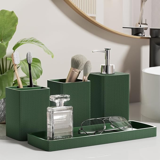 Resin Green Bathroom Set, Dark Green Bathroom Accessories Set with Shower Curtain, Bath Towel Sets, Natural Loofah Sponge, Soap Dispenser, Toothbrush Holder, Bathroom Tumbler and Tray for Bathroom