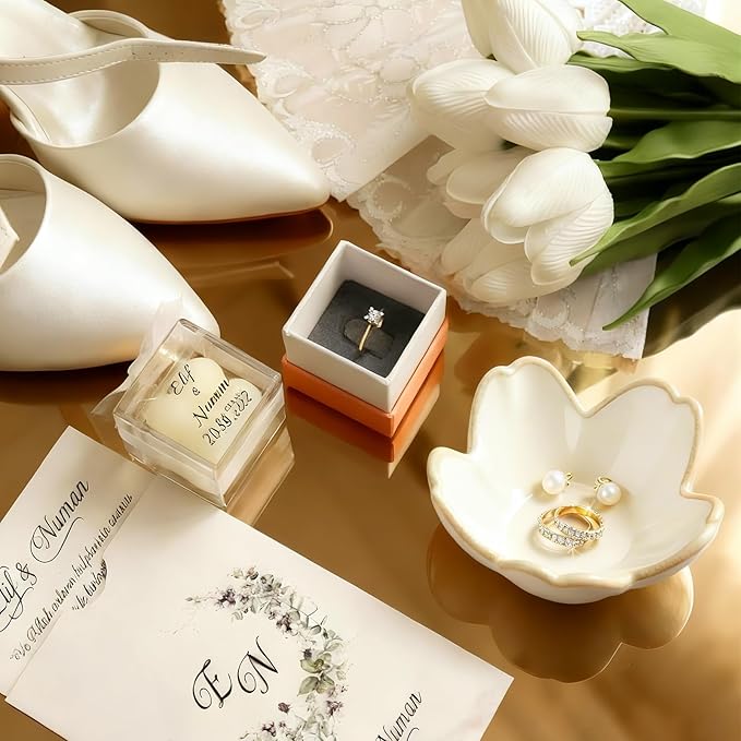 Pearl White Flower Jewelry Dish Ceramic Ring Holder Tray for Vanity, Small Ring Dish Trinket Bowl Aesthetic Nightstand/Bathroom Decor, Women's Gift for Christmas, Birthday, Mother's Day, Anniversary