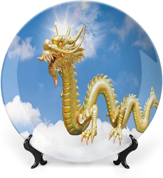 XISUNYA 8 Inch Decorative Plate, Dragon Ceramic Stoneware, Traditional Chinese Dragon Hovering at Cloud Sky Print Ornament Display Plate Decor Accessory for Dining, Parties, Wedding