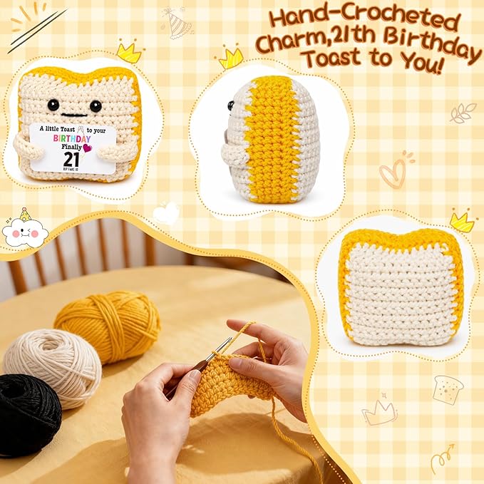Finally 21 - Funny 21st Birthday Gift for Her Him - Crochet Toast with 'RlP Fake ID' Gag Message - Unique Adult Birthday Decor & Keepsake for Daughter, Son, Friend, Sister female Male From Mom Dad