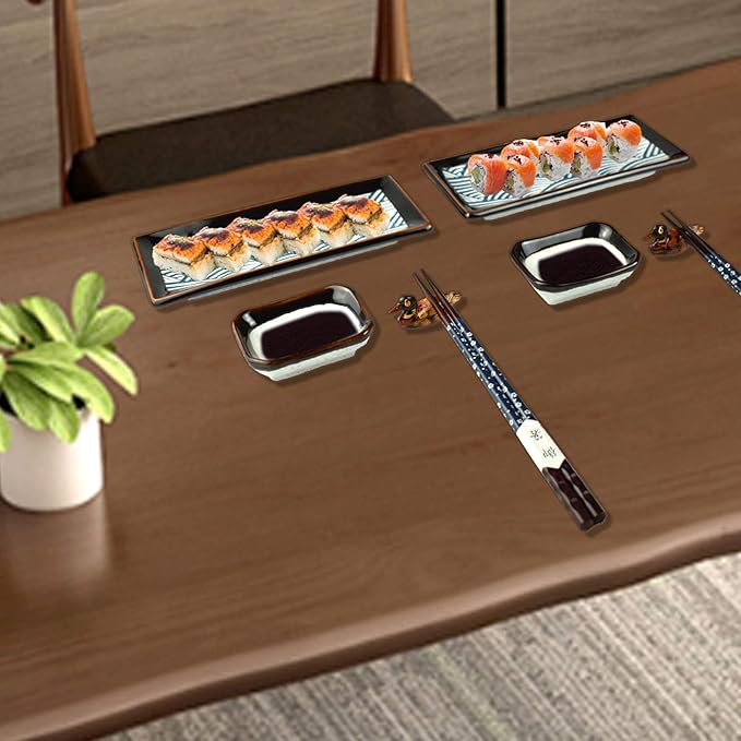 Artcome 8 Piece Japanese Style Ceramic Sushi Plate Dinnerware Set for Wedding Housewarming - 2 Sushi Plates, 2 Sauce Dishes, 2 Pairs of Chopsticks, 2 Chopsticks Holders