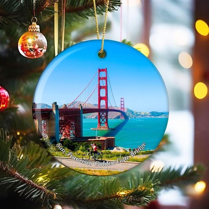 California San Francisco Golden Gate Bridge USA America Christmas Ornaments Ceramic Round Hanging Pendant Xmas Decor City Travel Souvenirs 3" Porcelain Double Sided