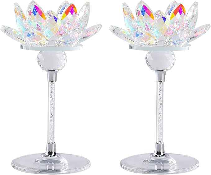 Crystal Candle Holders Set of 2, Lotus Flower Tealight Holders with Clear Glass Base, Rhinestone Stand and Ball, Elegant Table Centerpieces for Home Decor, Wedding, Party