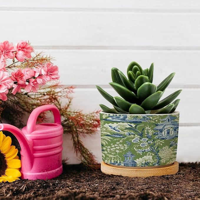 Planters Ceramic Turquoise Green Chinoiserie Floral and Bird Pots With Drainage Holes - Round Flowerpot With Bamboo Tray for Succulent and Little Snake Plants - Gift for Nana Grandma
