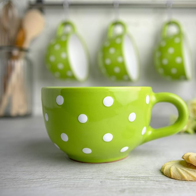 City to Cottage Handmade Ceramic Designer Lime Green and White Polka Dot Cup, Unique Extra Large 17.5oz/500ml Pottery Cappuccino, Coffee, Tea, Soup Mug | Housewarming Gift for Tea Lovers