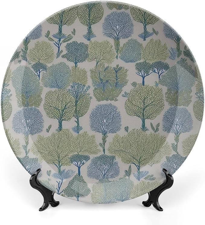 Home Decorations Fashion Plates, Green And Blue Forest Custom Christmas Gifts Design Collector Plates for Display Table Wall Decor, Including Bracket And Special Hook
