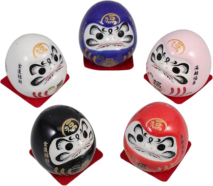 5pcs Japanese Ceramic Lucky Dolls Miniature Figurines Small Dashboard Statues for Car and Home Decoration 4.7cm Sculptures Asian Collectible Ornaments