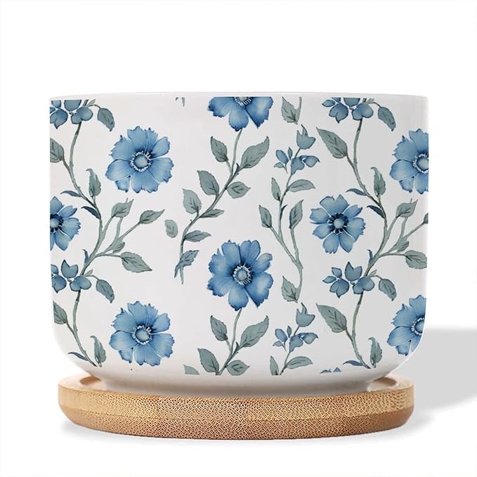 Mughal Flower Small Ceramics Pots Set of 3 Watercolor Blue Mughal Floral Ceramics Pots for Plants with Drainage Bamboo Trays Asian Scenery Chinoiserie Succulent Pot for Indoor