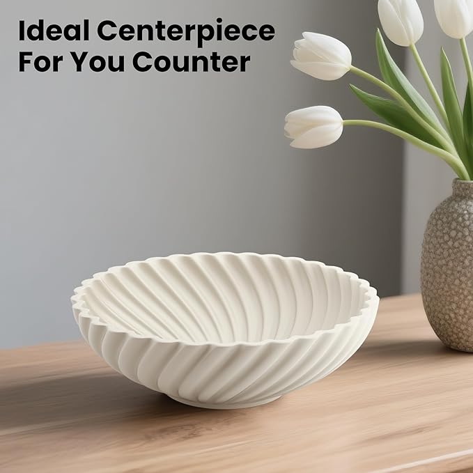 10'' Ceramic Decorative Bowl - Stylish Fruit Bowl for Kitchen Counter - Key Bowl for Entryway Table Decor - Large Decorative Bowls for Home Decor - Modern Home Decor Accents White