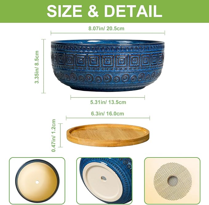 G EPGardening Bonsai Pots 8 Inch - Ceramic Succulent Pots, Round Planter for Indoor Plants, Modern Outdoor Planter with Drainage and Plant Saucer, Boho Home Decor, House Warming Gifts New Home, Blue