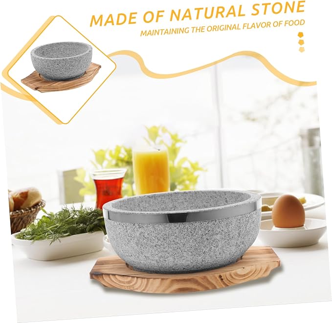 1set Korean Stone Pot - Natural Stone Bowl for Authentic Dishes No Coating Wood Base for Bibimbap Soup and Stews